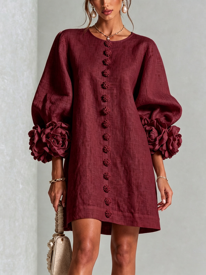 Donna – Linen-Look Mini Dress with Floral Cuffs