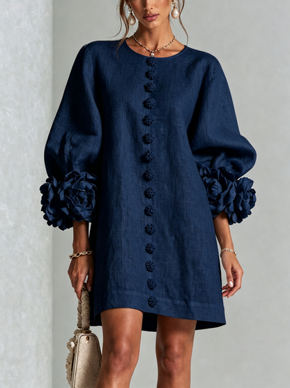 Donna – Linen-Look Mini Dress with Floral Cuffs