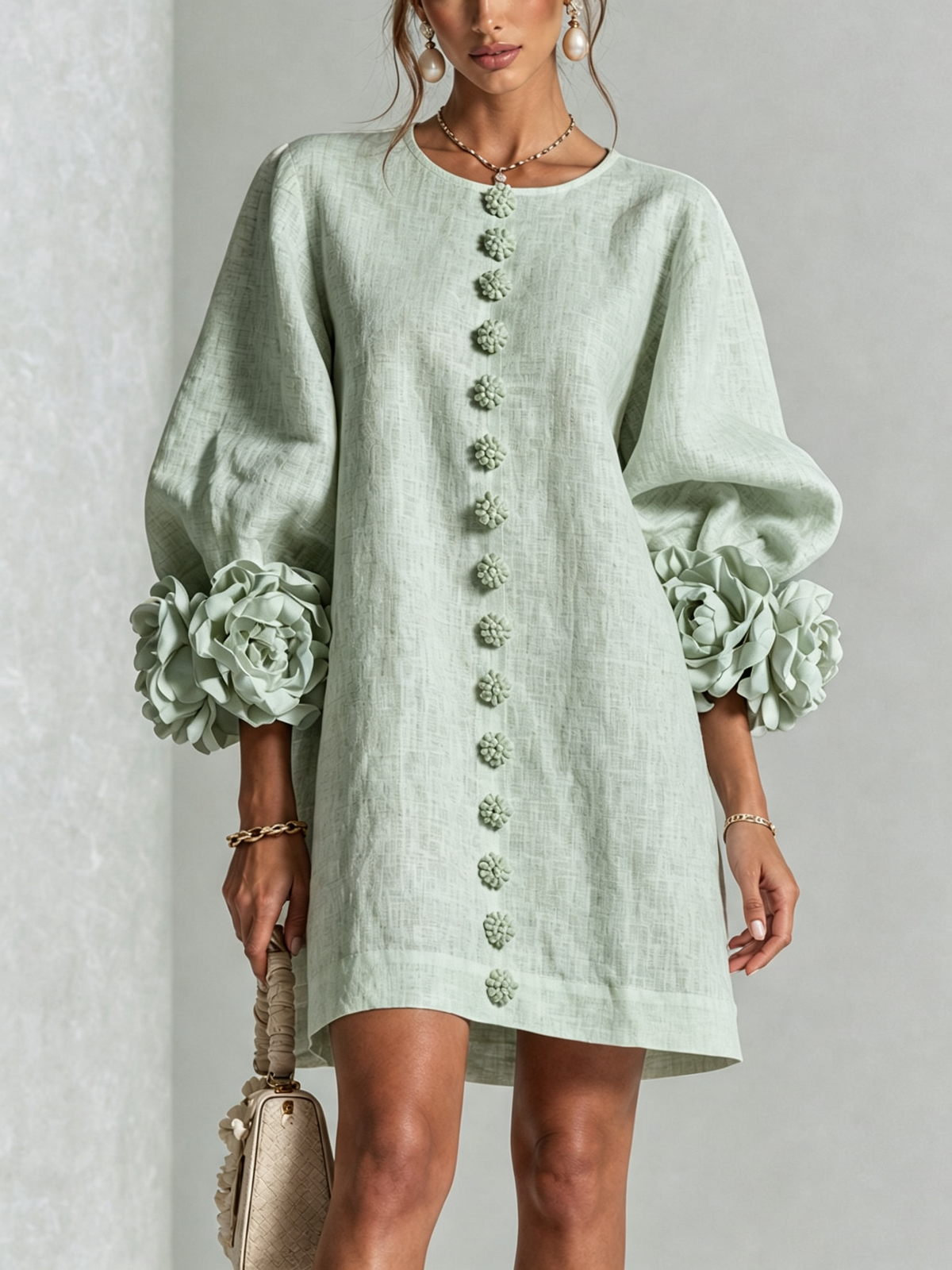Donna – Linen-Look Mini Dress with Floral Cuffs
