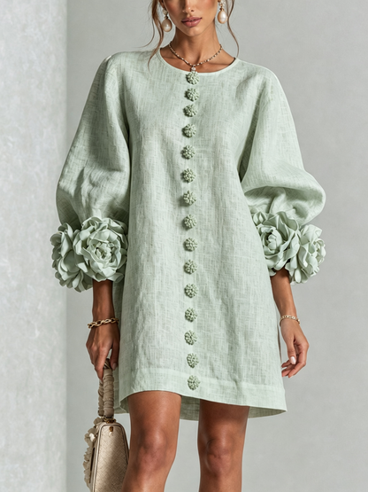 Donna – Linen-Look Mini Dress with Floral Cuffs