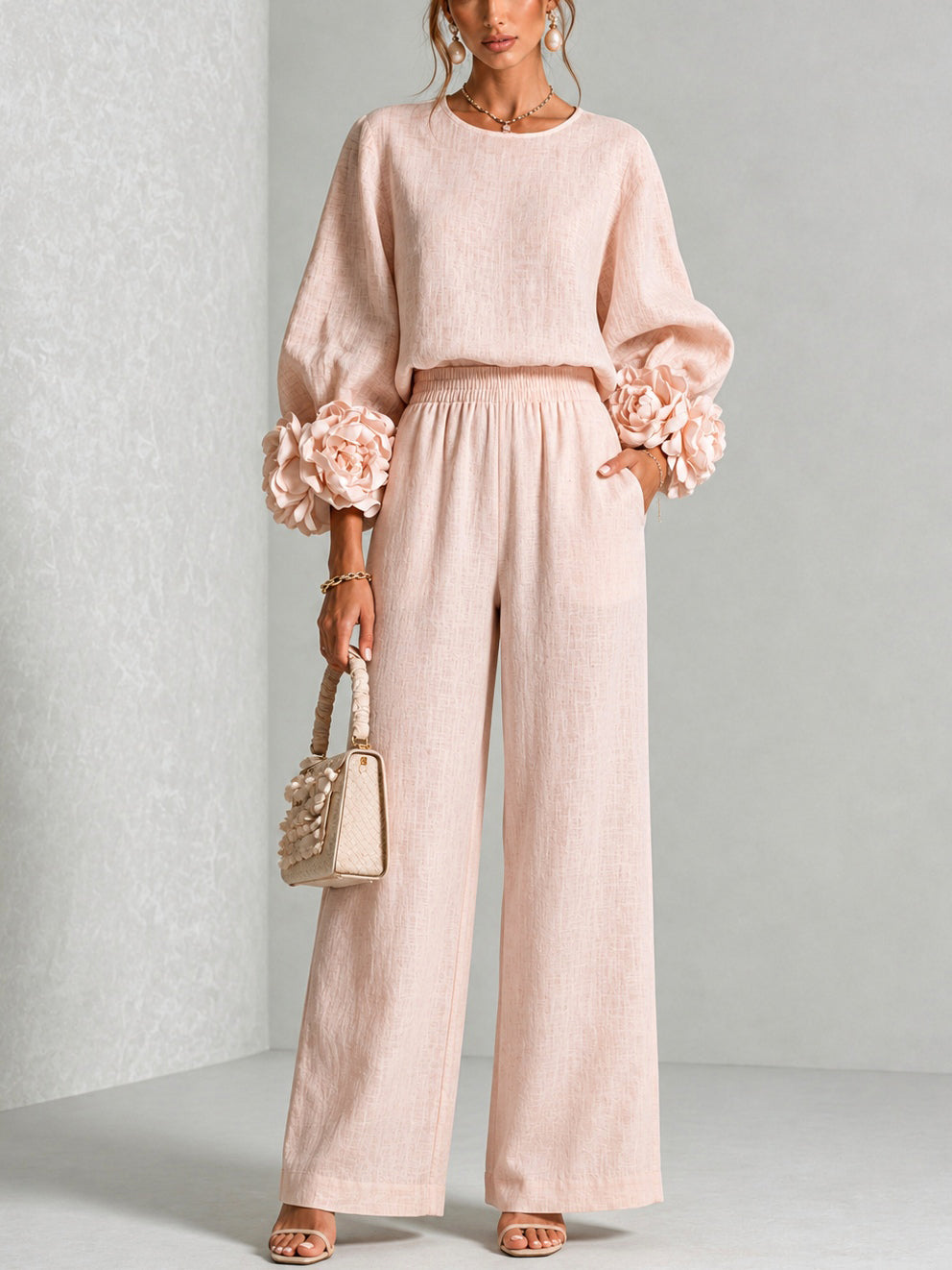 Carol – Floral Cuff Wide-Leg Two-Piece Set