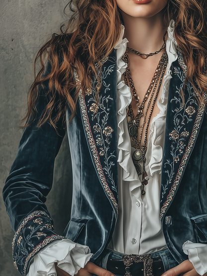 Eugenia – Embroidered Velvet Blazer with Ruffle Cuffs