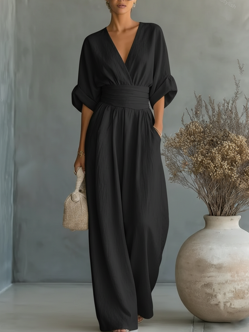 Joan – Wide Leg V Neck Elegant Jumpsuit