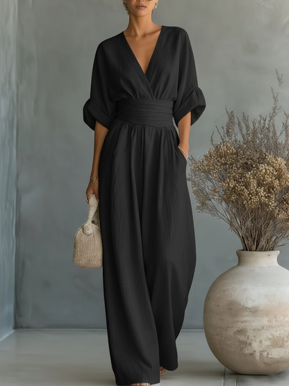 Joan – Wide Leg V Neck Elegant Jumpsuit