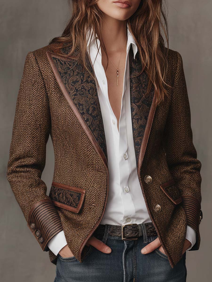 Carleen – Herringbone Blazer with Printed Panels