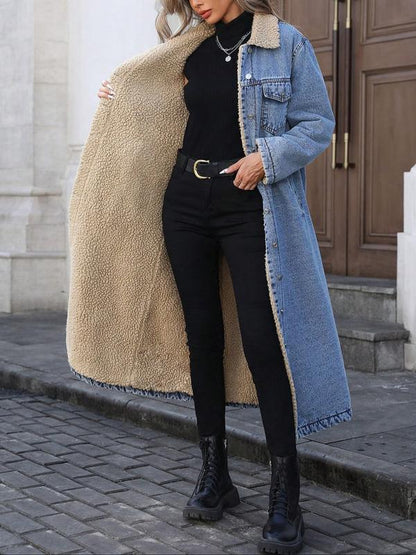 Noreen – Fleece-Lined Long Denim Coat