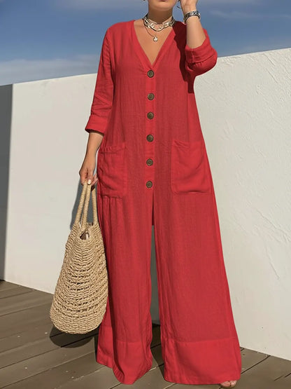 Tamara – Button-Front Wide Leg Linen-Look Jumpsuit