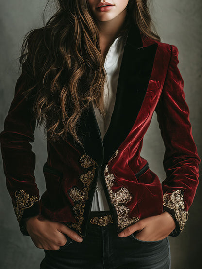Peggy – Velvet Blazer with Gold Embroidery