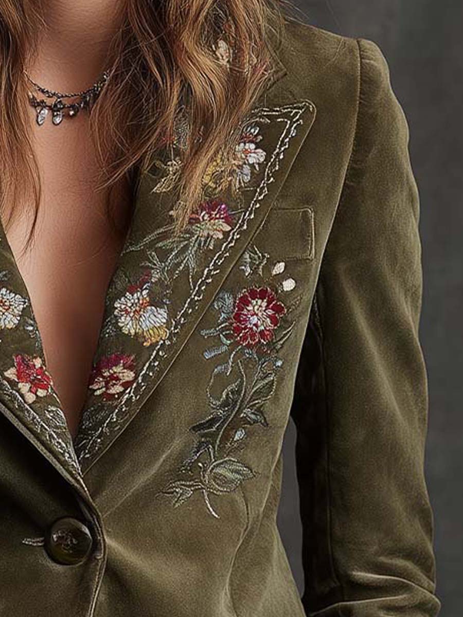 Judy – Floral Embroidered Velvet-Look Blazer