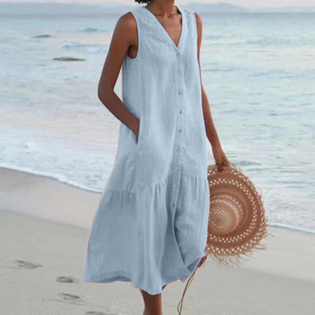 Victoria – Linen-Look Sleeveless Button Midi Dress