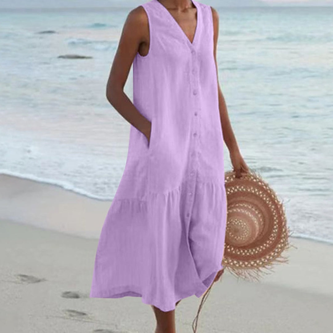 Victoria – Linen-Look Sleeveless Button Midi Dress
