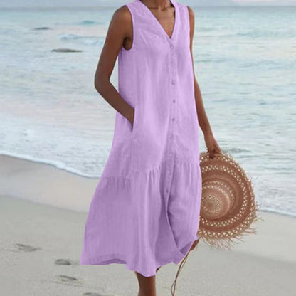 Victoria – Linen-Look Sleeveless Button Midi Dress