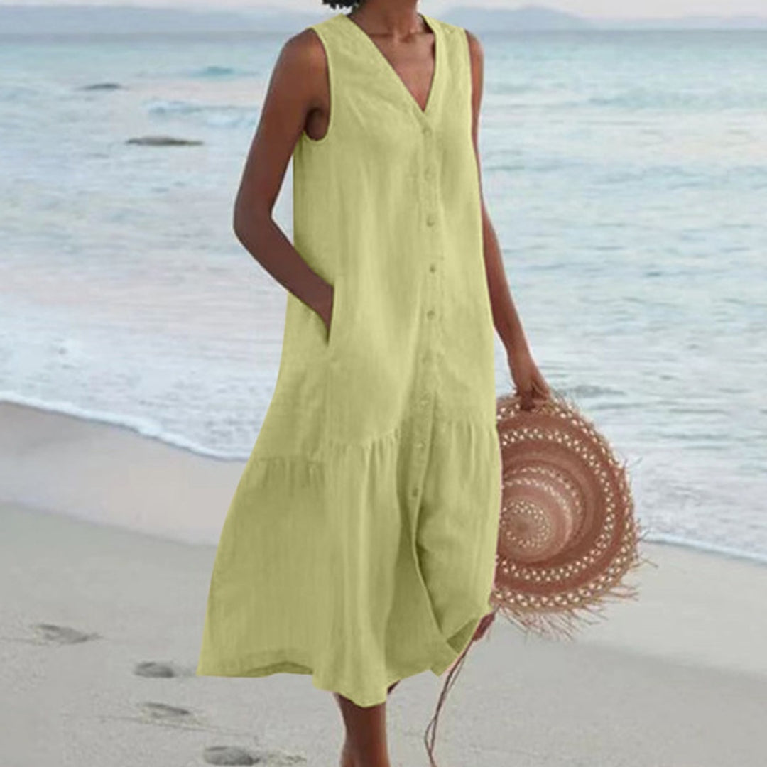 Victoria – Linen-Look Sleeveless Button Midi Dress