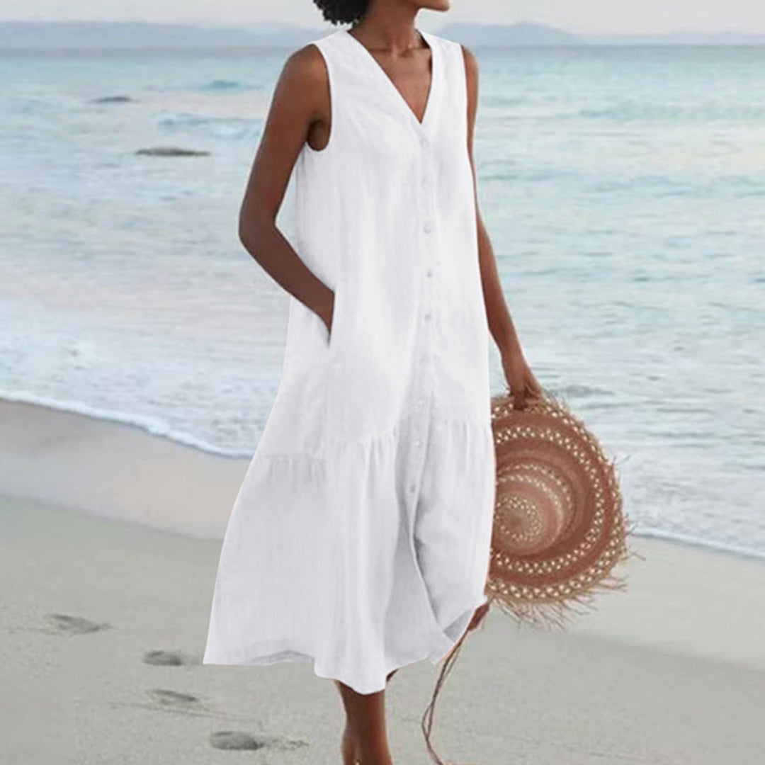 Victoria – Linen-Look Sleeveless Button Midi Dress
