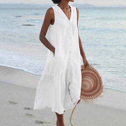 Victoria – Linen-Look Sleeveless Button Midi Dress