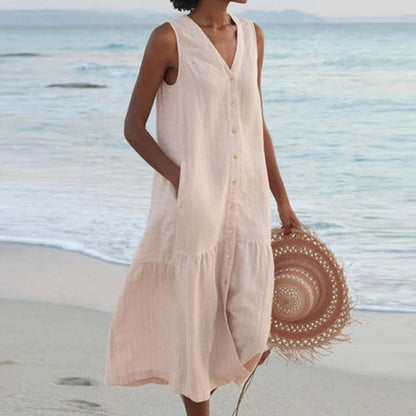 Victoria – Linen-Look Sleeveless Button Midi Dress