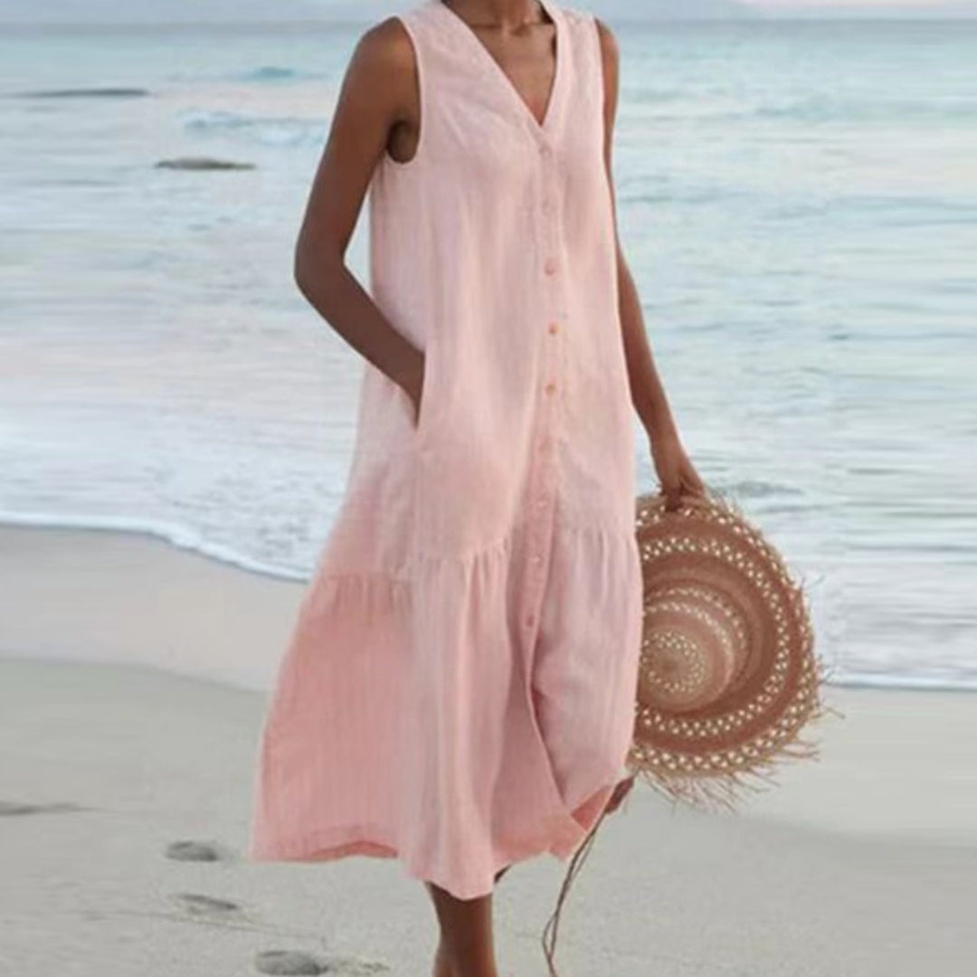 Victoria – Linen-Look Sleeveless Button Midi Dress
