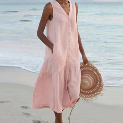Victoria – Linen-Look Sleeveless Button Midi Dress