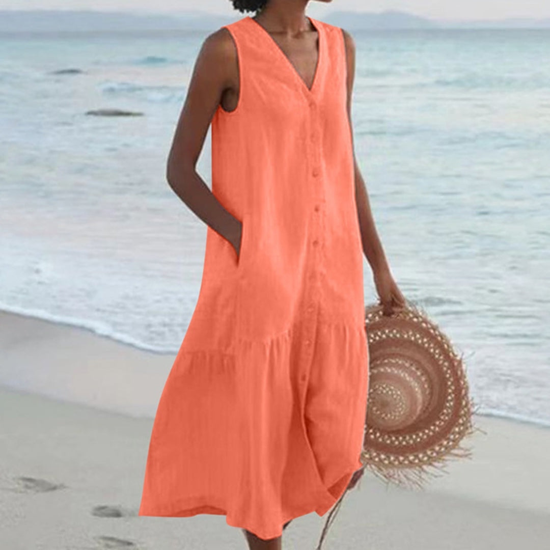 Victoria – Linen-Look Sleeveless Button Midi Dress