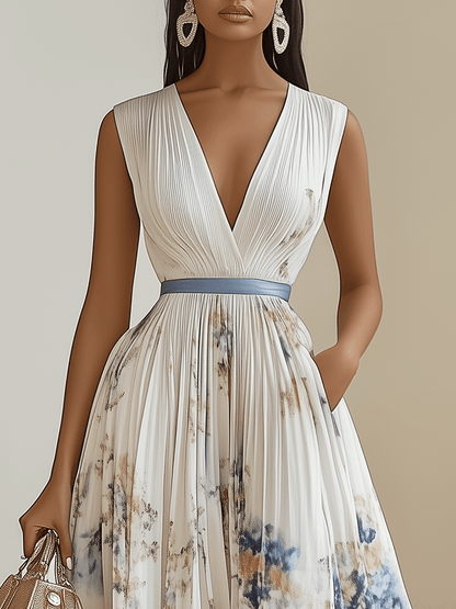 Leanna | White Floral Chiffon V-Neck Pleated Midi Dress