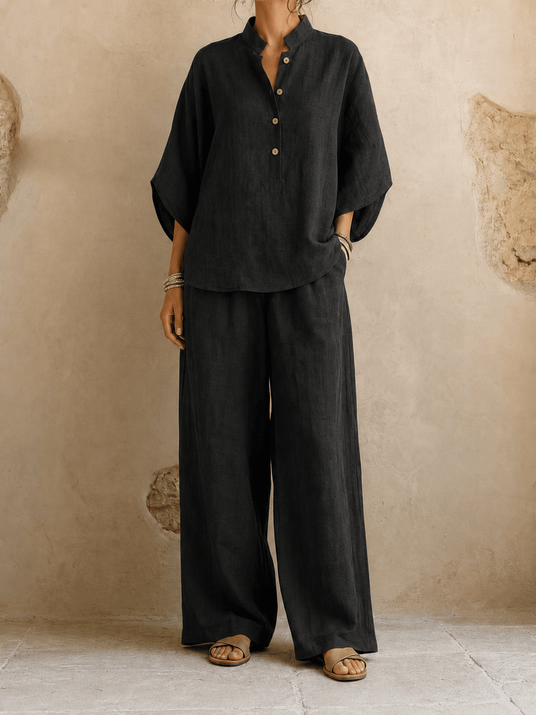 Lynne – Linen-Look Batwing Top and Wide-Leg Pants Set