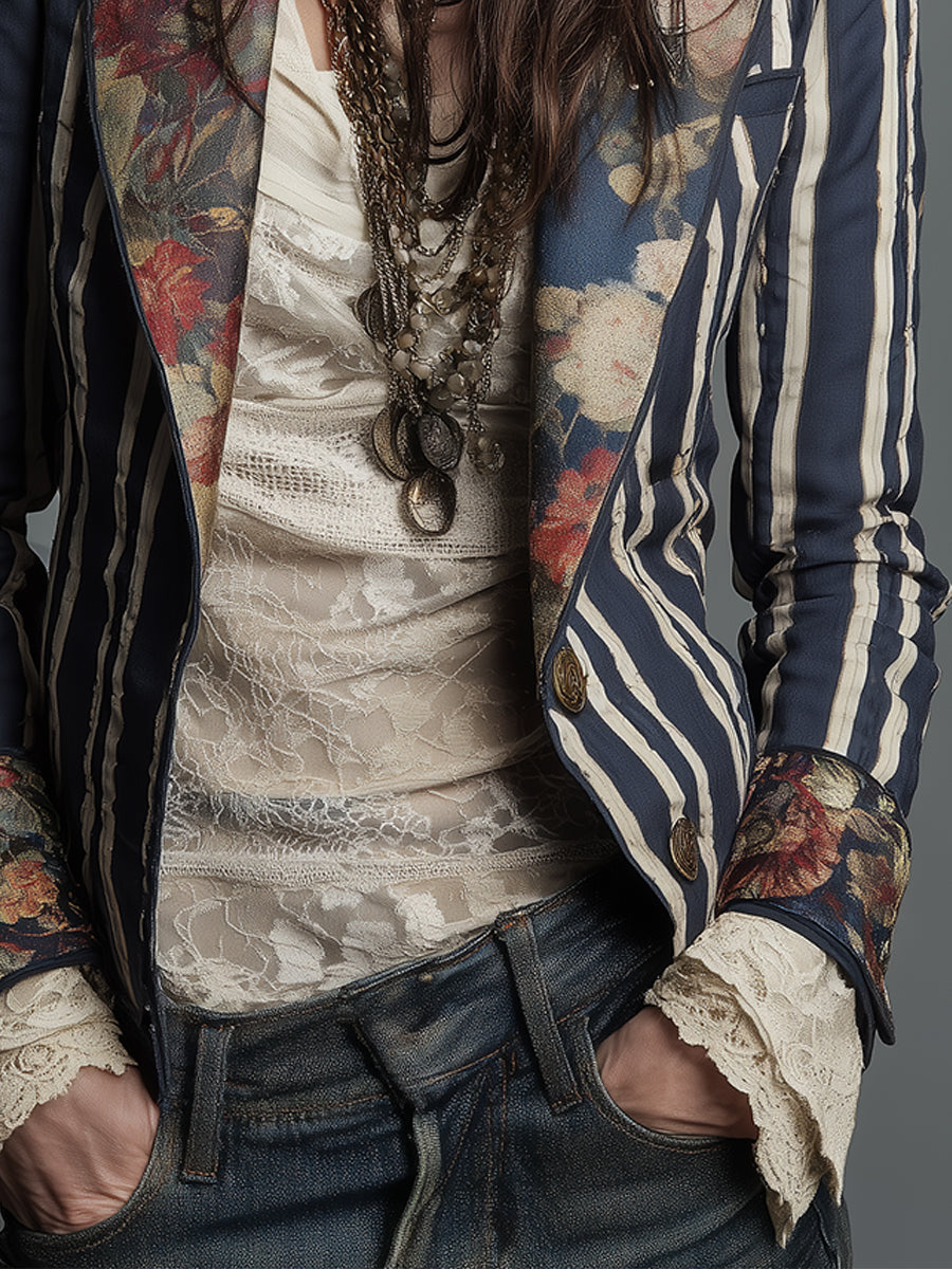 Arlene – Striped Blazer with Floral Print Detail