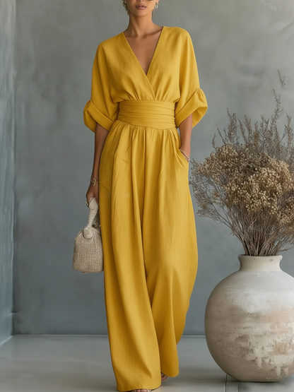 Joan – Wide Leg V Neck Elegant Jumpsuit