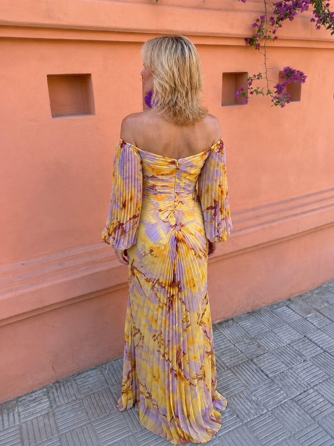 Patricia – Off-Shoulder Pleated Gown with Jewel Detail
