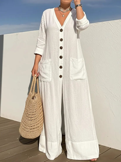 Tamara – Button-Front Wide Leg Linen-Look Jumpsuit