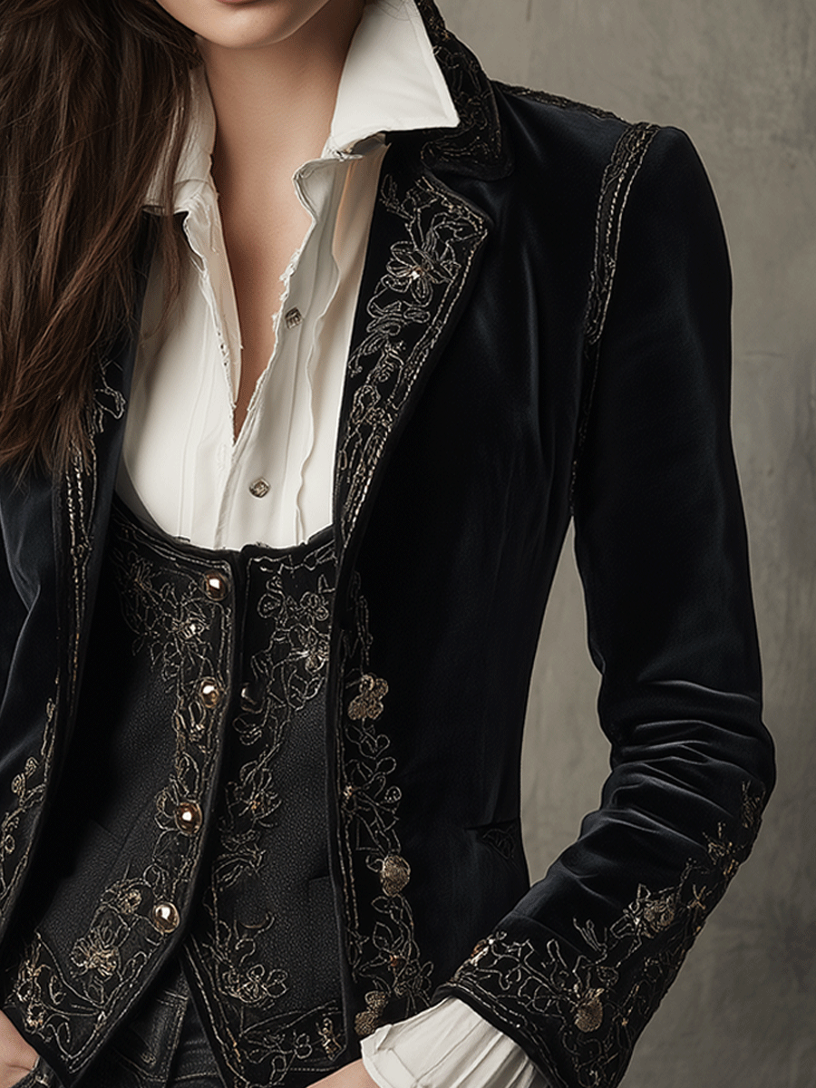 Angela – Velvet Embroidered Statement Blazer