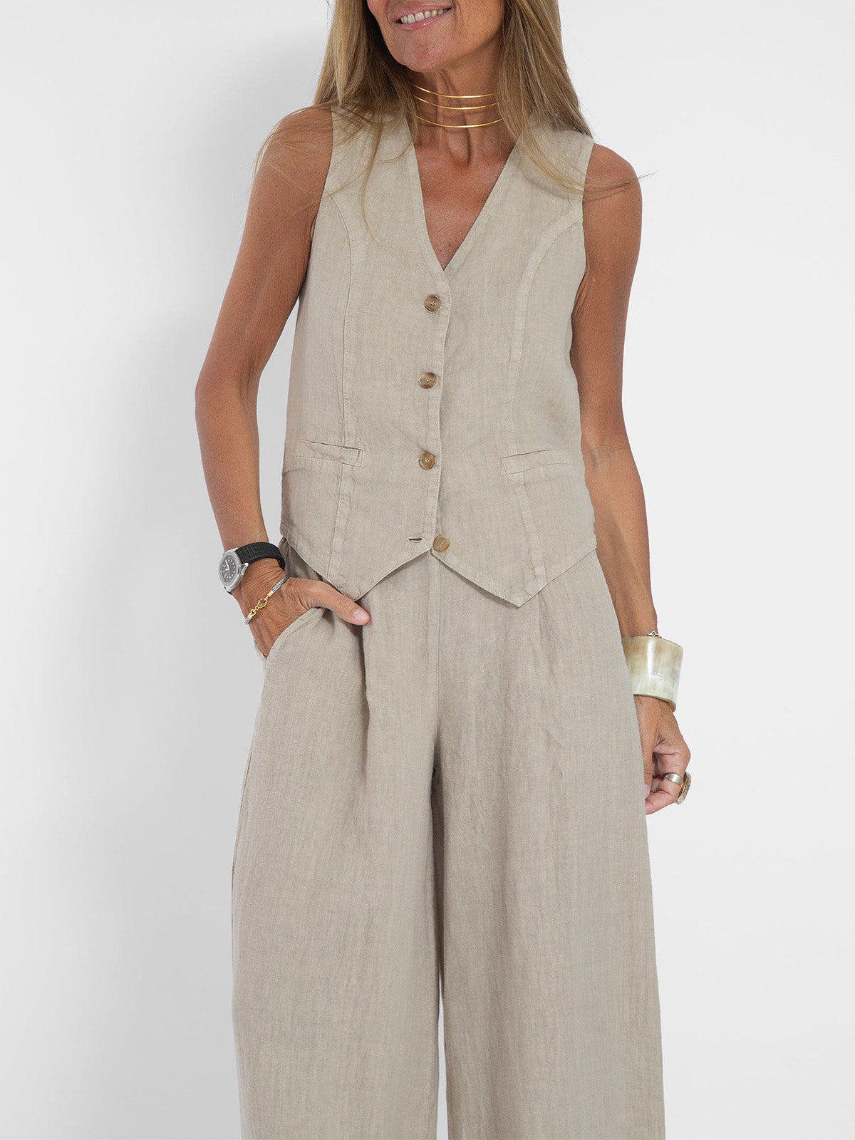 Cristina | Buttoned Vest and Wide-Leg Pants Set