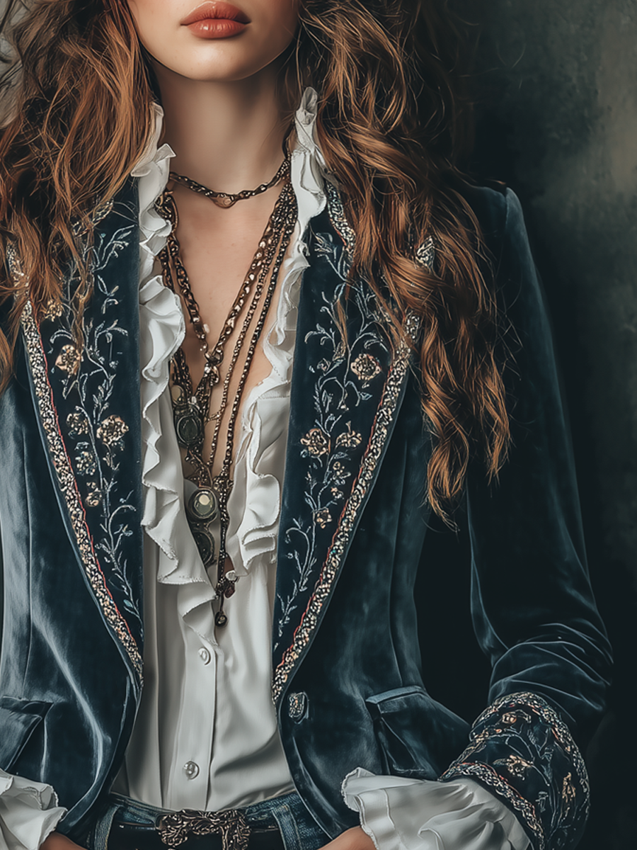 Eugenia – Embroidered Velvet Blazer with Ruffle Cuffs