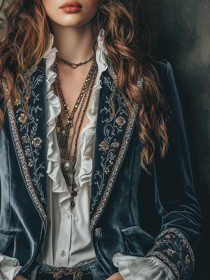 Eugenia – Embroidered Velvet Blazer with Ruffle Cuffs