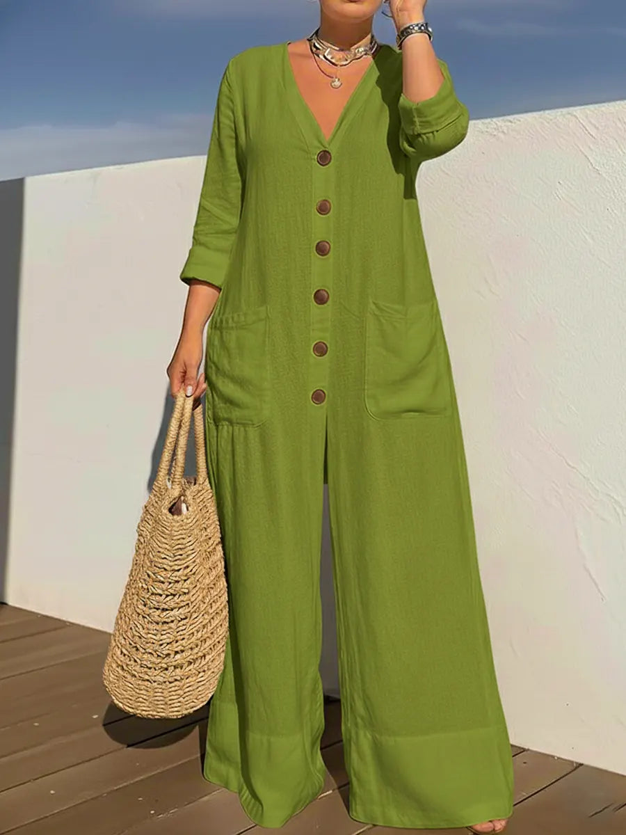 Tamara – Button-Front Wide Leg Linen-Look Jumpsuit