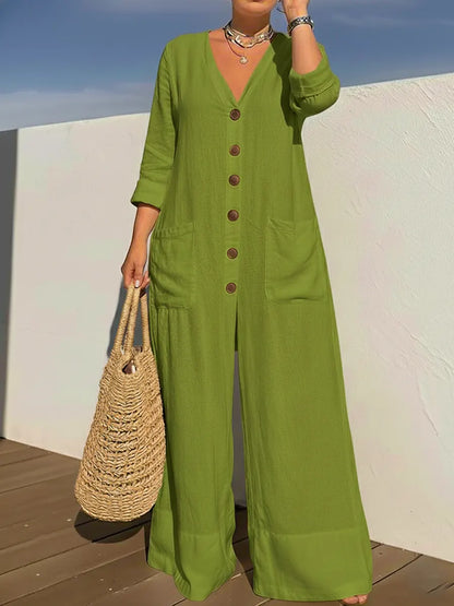 Tamara – Button-Front Wide Leg Linen-Look Jumpsuit