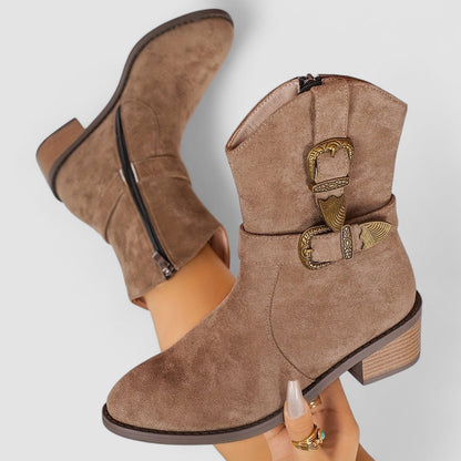 Roberta – Western Buckle Block Heel Boots