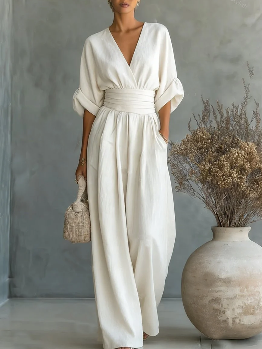 Joan – Wide Leg V Neck Elegant Jumpsuit