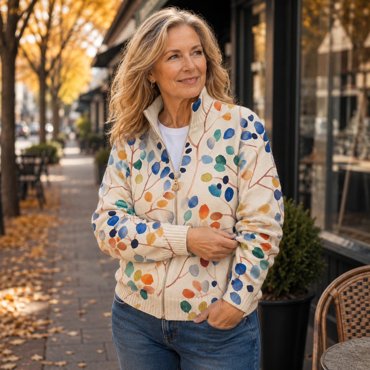 Zelda – Botanical Leaf Print Zip Jacket