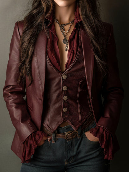 Veronica – Faux-Leather Blazer with Ruffle Detail