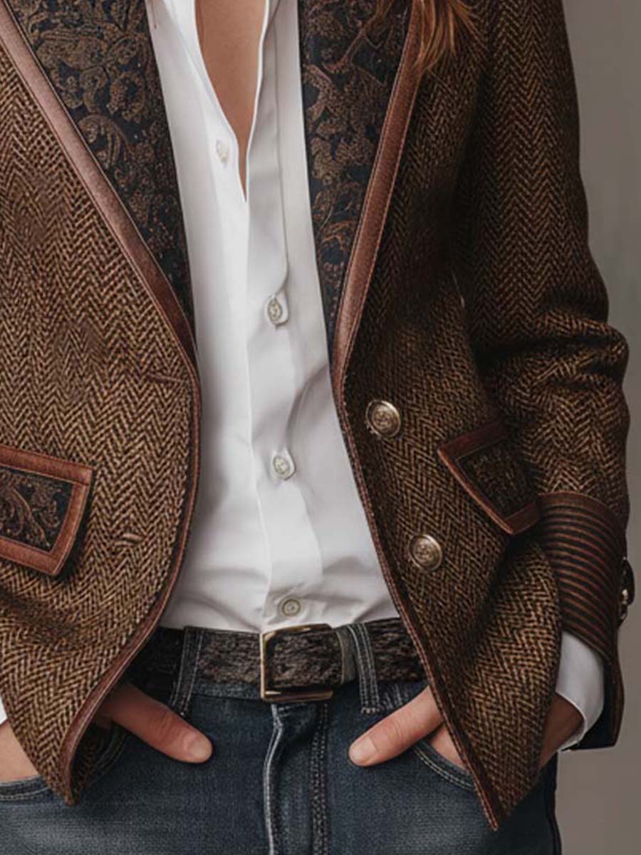 Carleen – Herringbone Blazer with Printed Panels