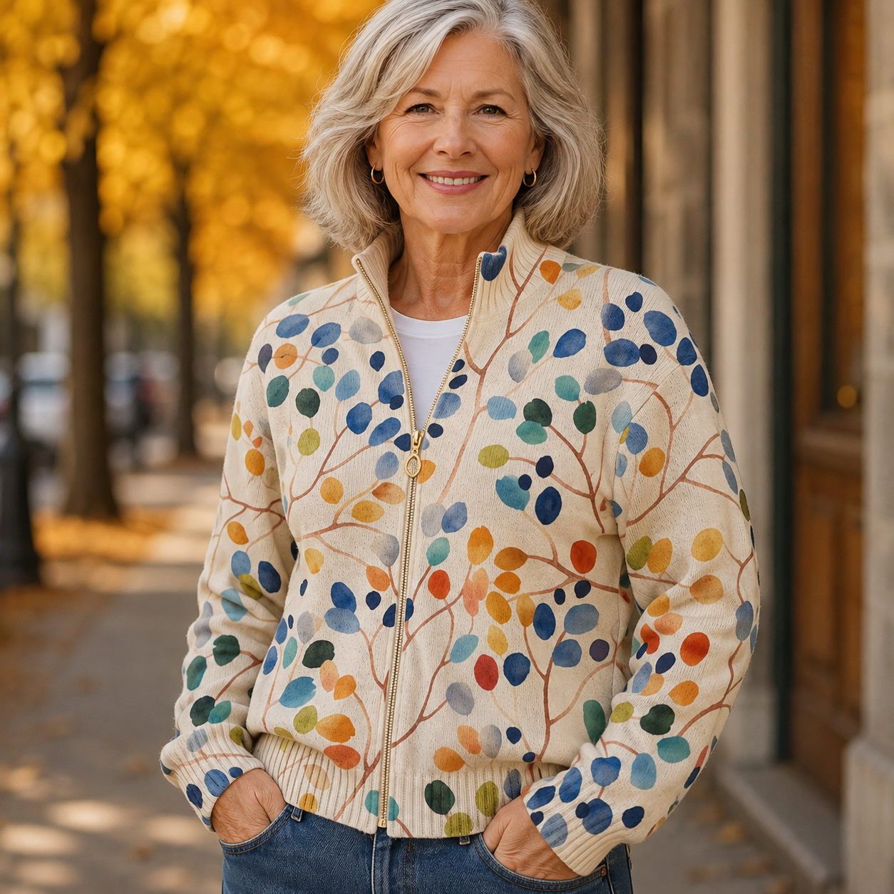 Zelda – Botanical Leaf Print Zip Jacket