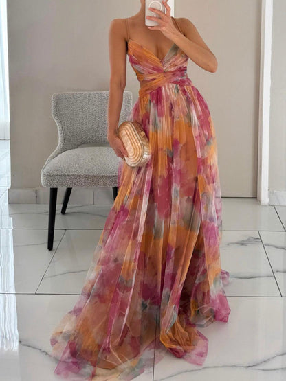 Sydnee | Painted Floral Print V-Neck Maxi Dress