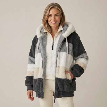 Georgette – Striped Faux Fur Hooded Jacket