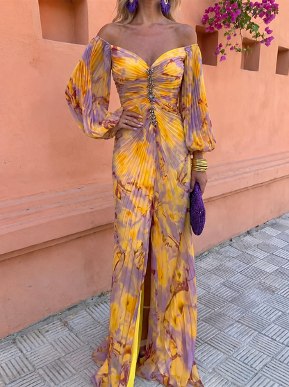 Patricia – Off-Shoulder Pleated Gown with Jewel Detail