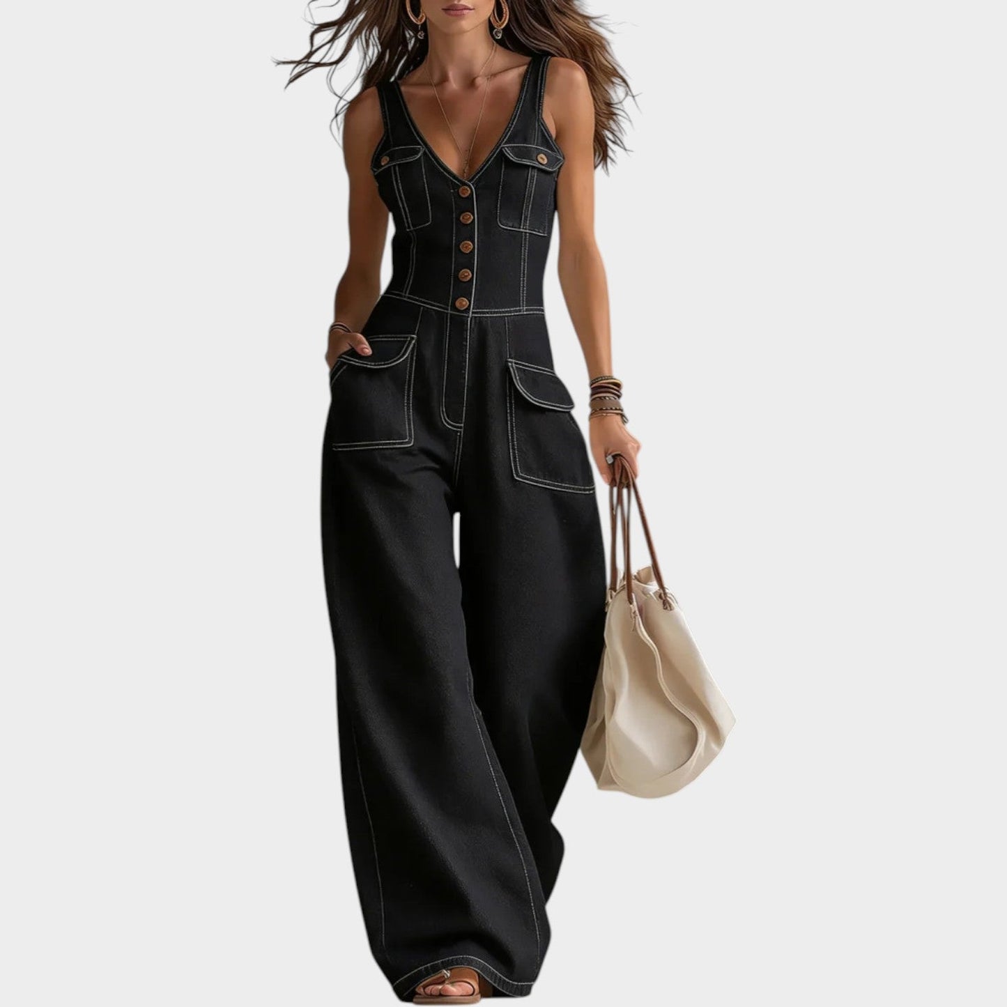 Shannon – Wide Leg Denim-Look Jumpsuit