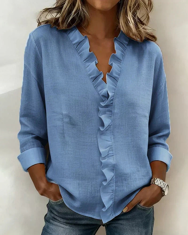 Janel | Blouse with Ruffles, V-Neck and Long Sleeves