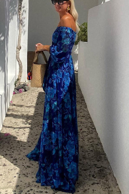 Kaira | Long Floral Print Dress with Off-the-Shoulder Sleeves
