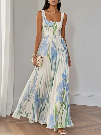 Daisy | White Pleated Floral Chiffon Maxi Dress