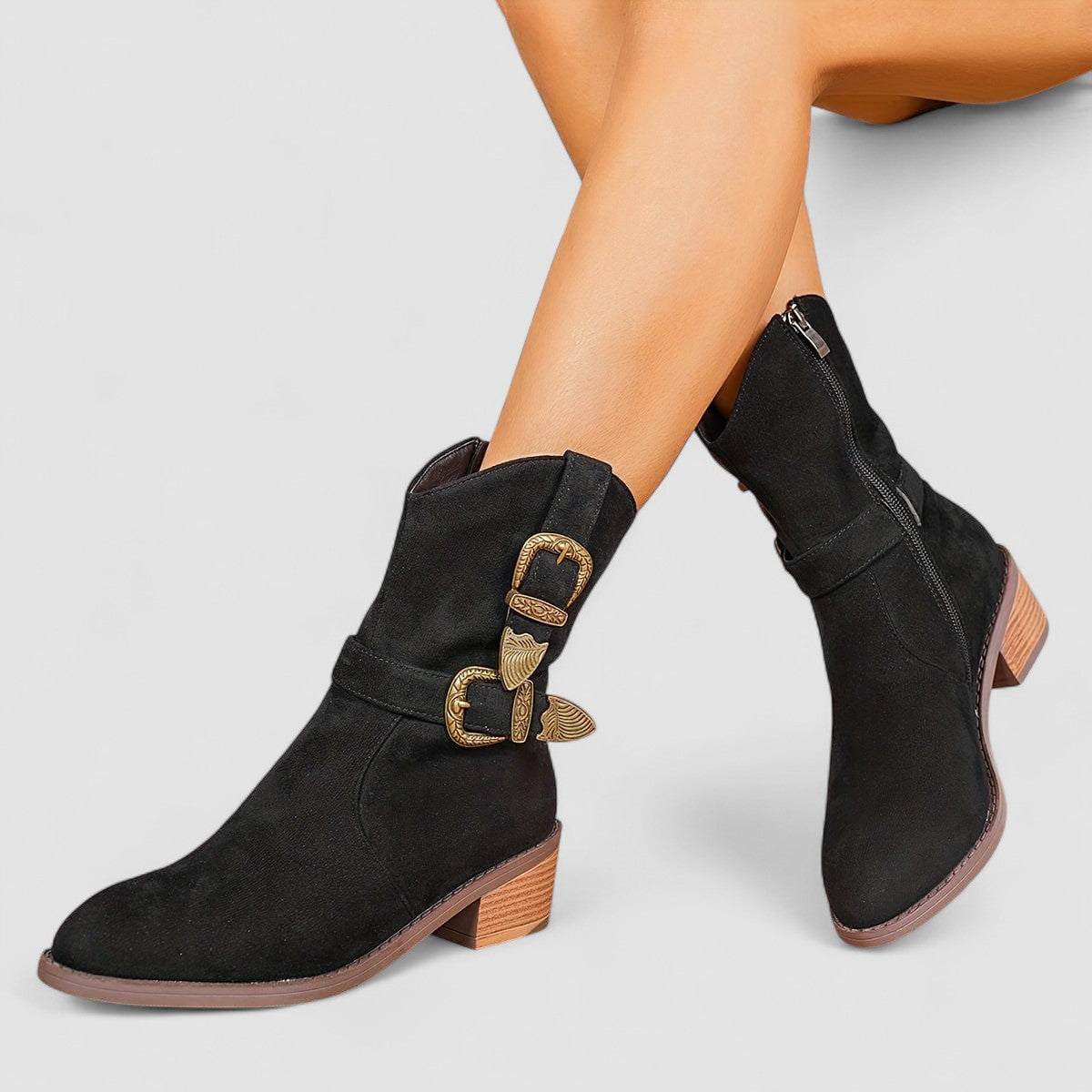 Roberta – Western Buckle Block Heel Boots