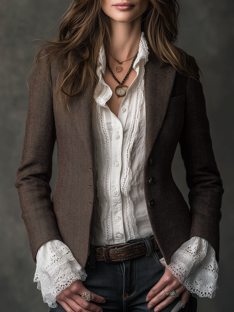 Betty – Tailored Herringbone Tweed-Look Blazer